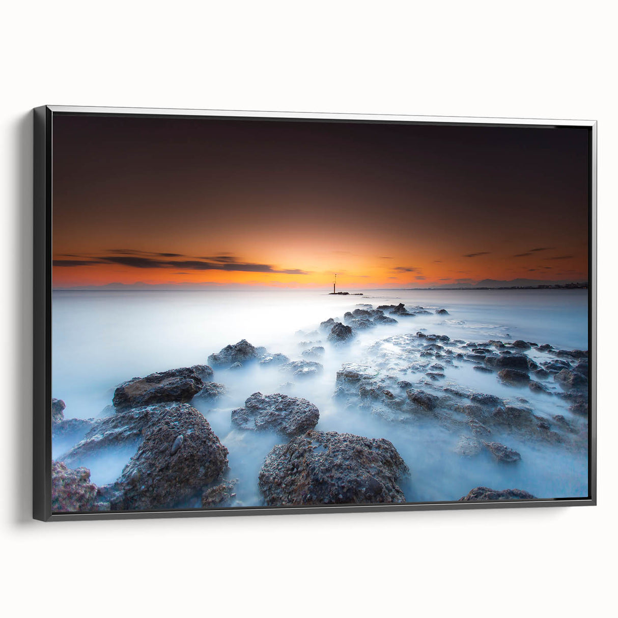 Minimalist Coastal Landscape Art – Sunset Mist Over Rocky Shoreline