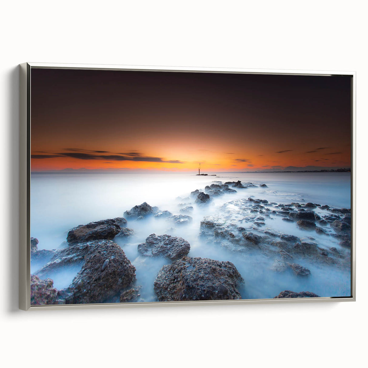 Minimalist Coastal Landscape Art – Sunset Mist Over Rocky Shoreline