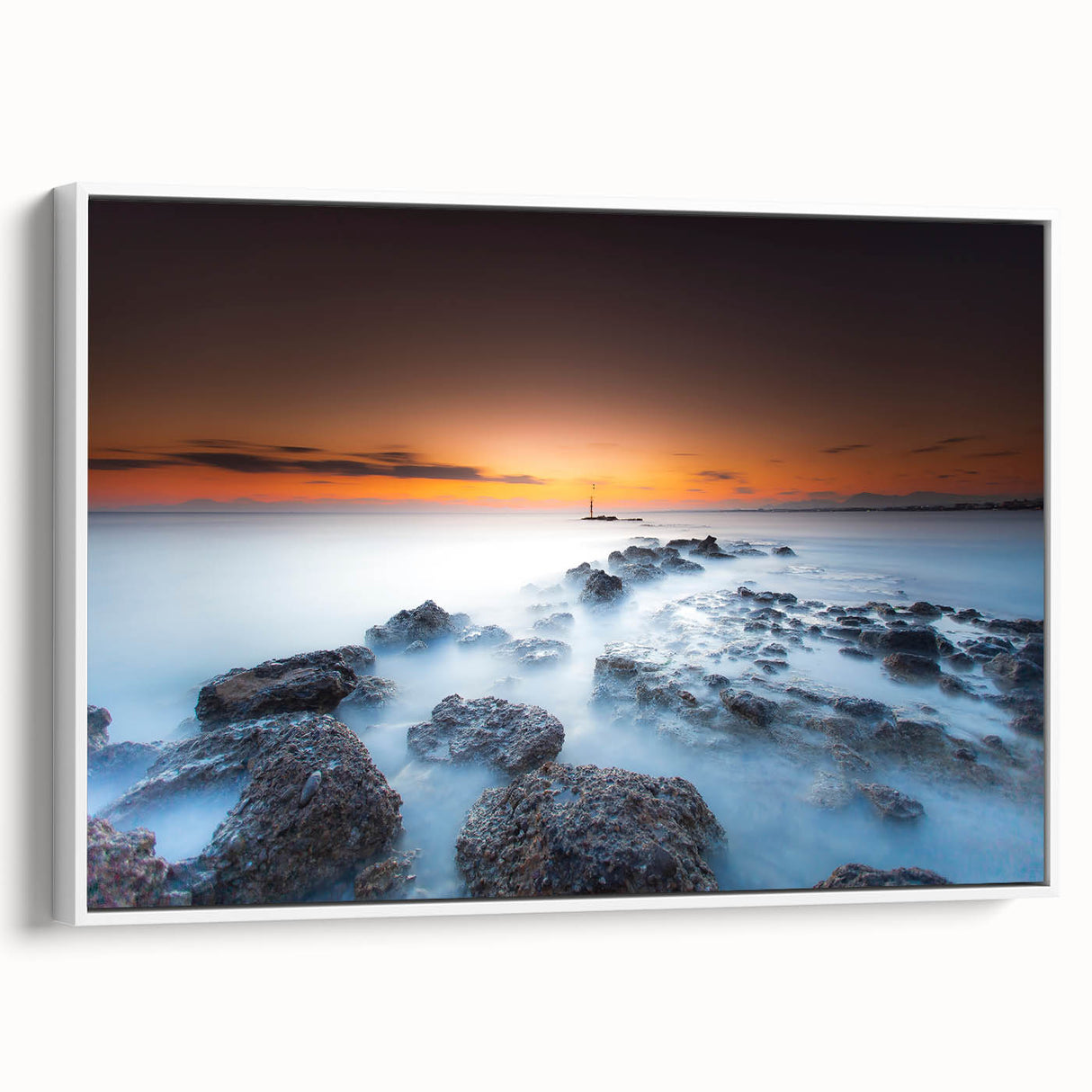 Minimalist Coastal Landscape Art – Sunset Mist Over Rocky Shoreline