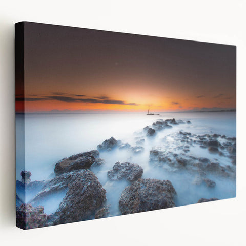 Minimalist Coastal Landscape Art – Sunset Mist Over Rocky Shoreline