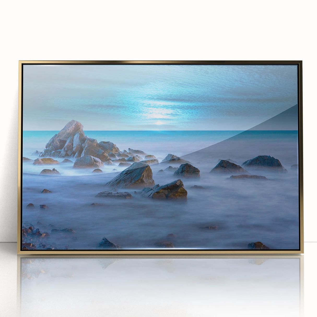Tranquil Nature Canvas Prints – Misty Ocean Rocks at Dusk