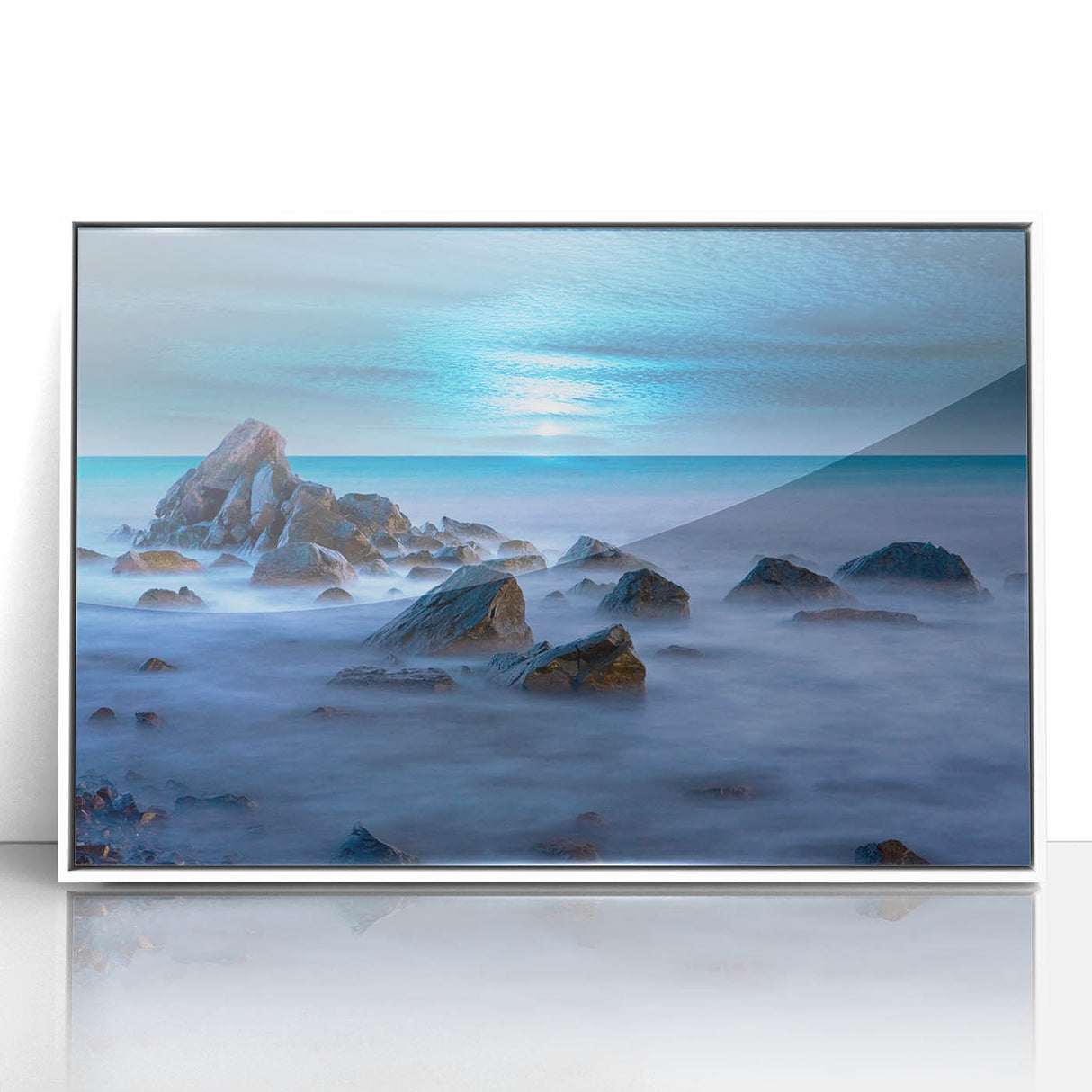 Tranquil Nature Canvas Prints – Misty Ocean Rocks at Dusk