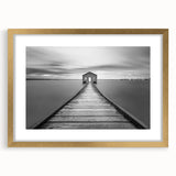 Serene Pier and Solitary House – Minimalist Black & White Wall Art