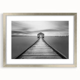 Serene Pier and Solitary House – Minimalist Black & White Wall Art