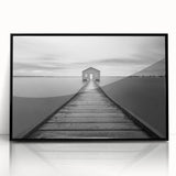 Serene Pier and Solitary House – Minimalist Black & White Wall Art