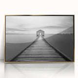 Serene Pier and Solitary House – Minimalist Black & White Wall Art