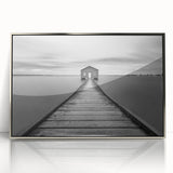 Serene Pier and Solitary House – Minimalist Black & White Wall Art