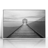 Serene Pier and Solitary House – Minimalist Black & White Wall Art