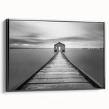 Serene Pier and Solitary House – Minimalist Black & White Wall Art