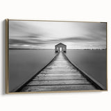 Serene Pier and Solitary House – Minimalist Black & White Wall Art