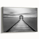Serene Pier and Solitary House – Minimalist Black & White Wall Art