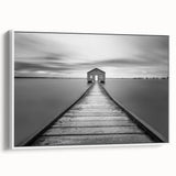 Serene Pier and Solitary House – Minimalist Black & White Wall Art
