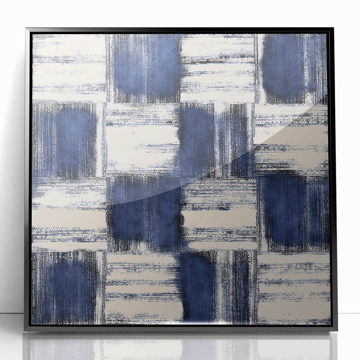 Structured Serenity – Navy Grid Pattern Canvas from Earthen Harmony