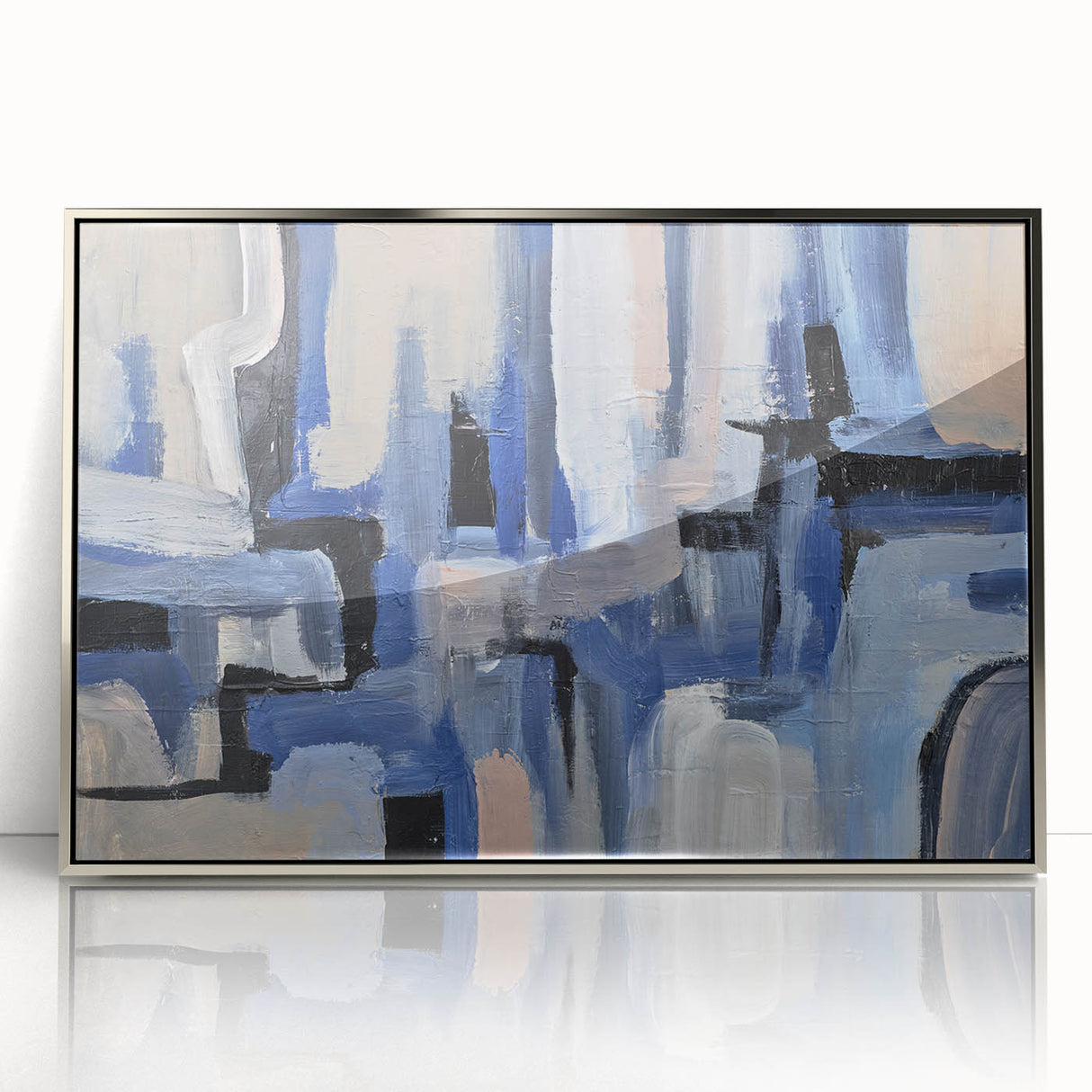 Geometric Abstract Paintings - Blue & Beige Modern Wall Art