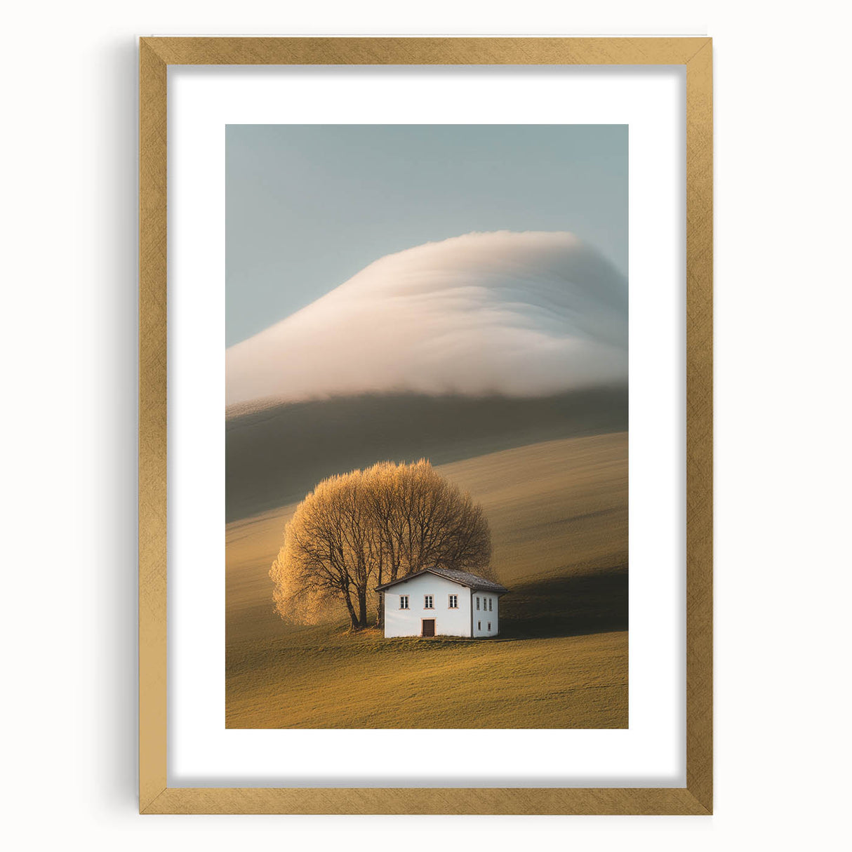 Golden Tree & Cottage Landscape Art – Nature-Inspired Wall Art