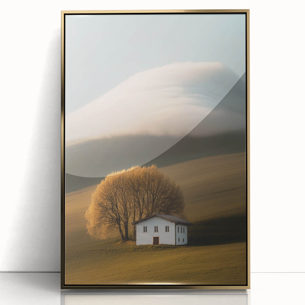 Golden Tree & Cottage Landscape Art – Nature-Inspired Wall Art