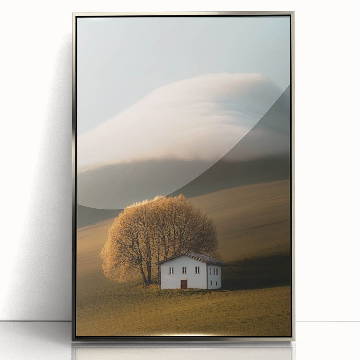 Golden Tree & Cottage Landscape Art – Nature-Inspired Wall Art