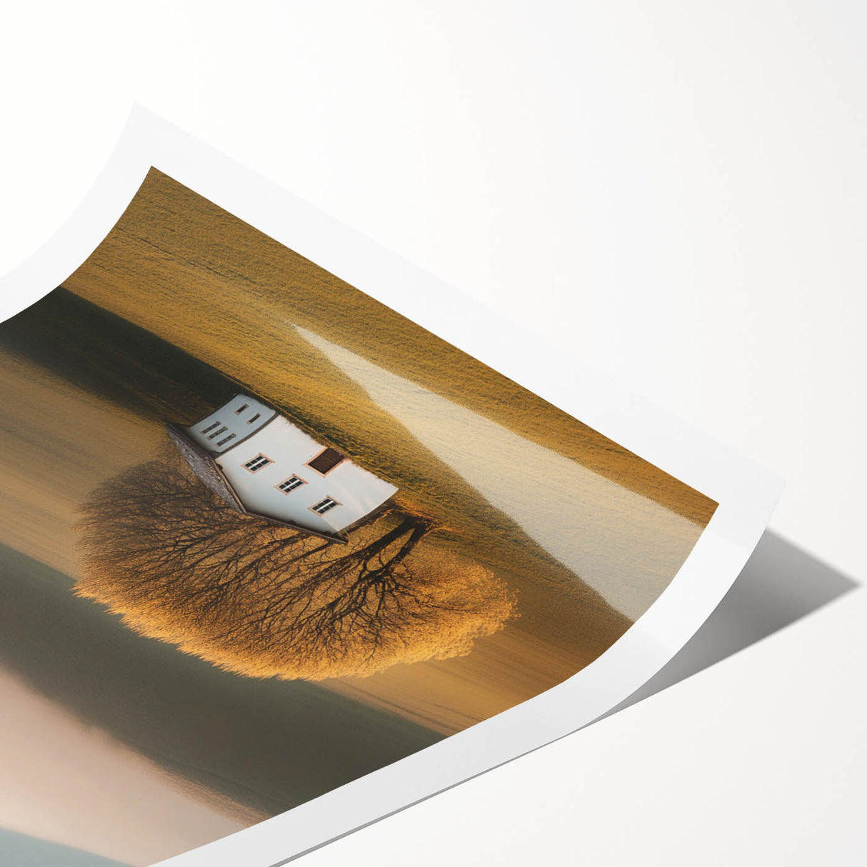 Golden Tree & Cottage Landscape Art – Nature-Inspired Wall Art