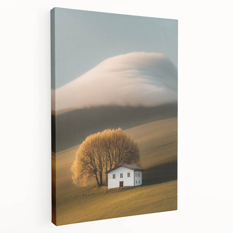 Golden Tree & Cottage Landscape Art – Nature-Inspired Wall Art