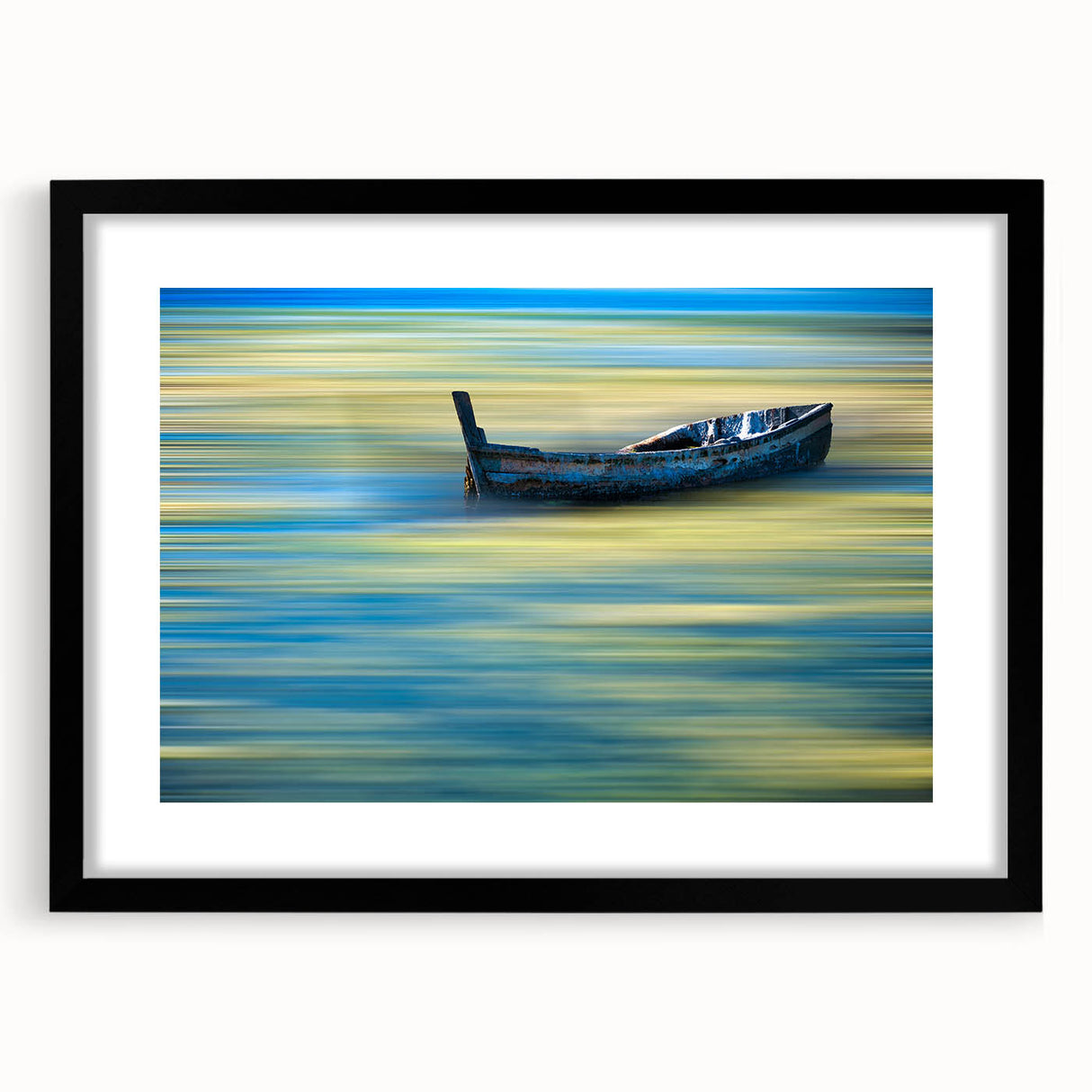 Minimalist Landscape Wall Art – Teal Boat on Blurred Water Motion