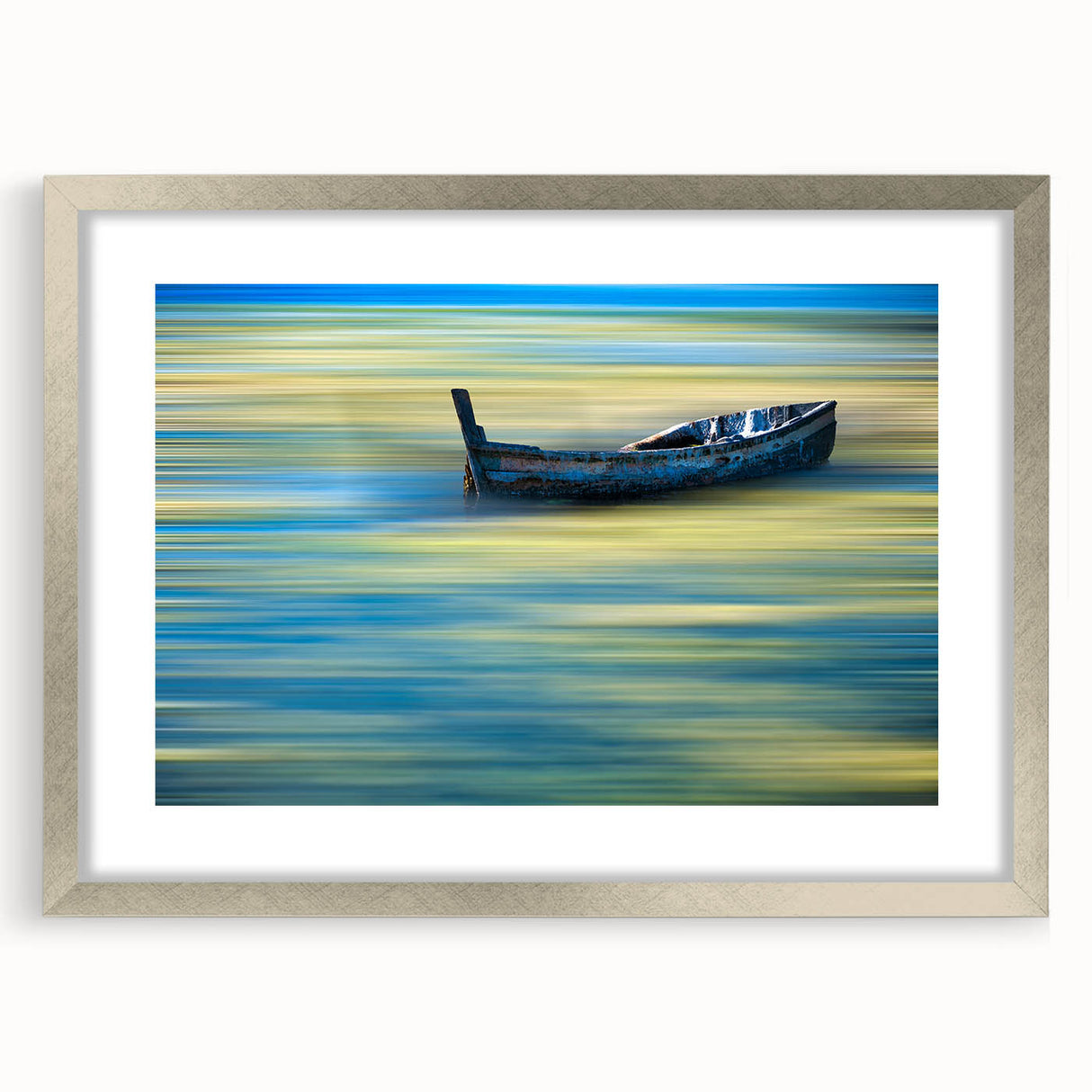 Minimalist Landscape Wall Art – Teal Boat on Blurred Water Motion