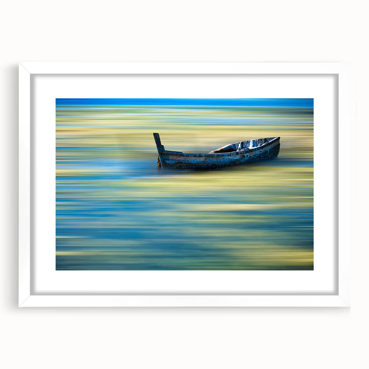 Minimalist Landscape Wall Art – Teal Boat on Blurred Water Motion