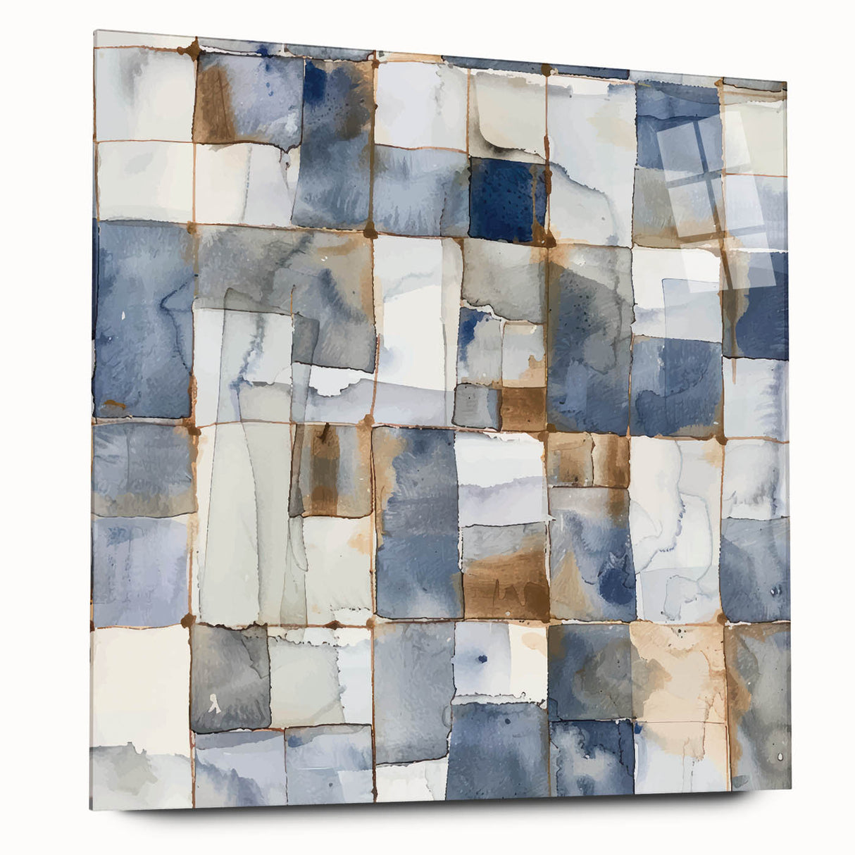 Earthen Harmony Abstracts – Muted Blue and Brown Grid Wall Art