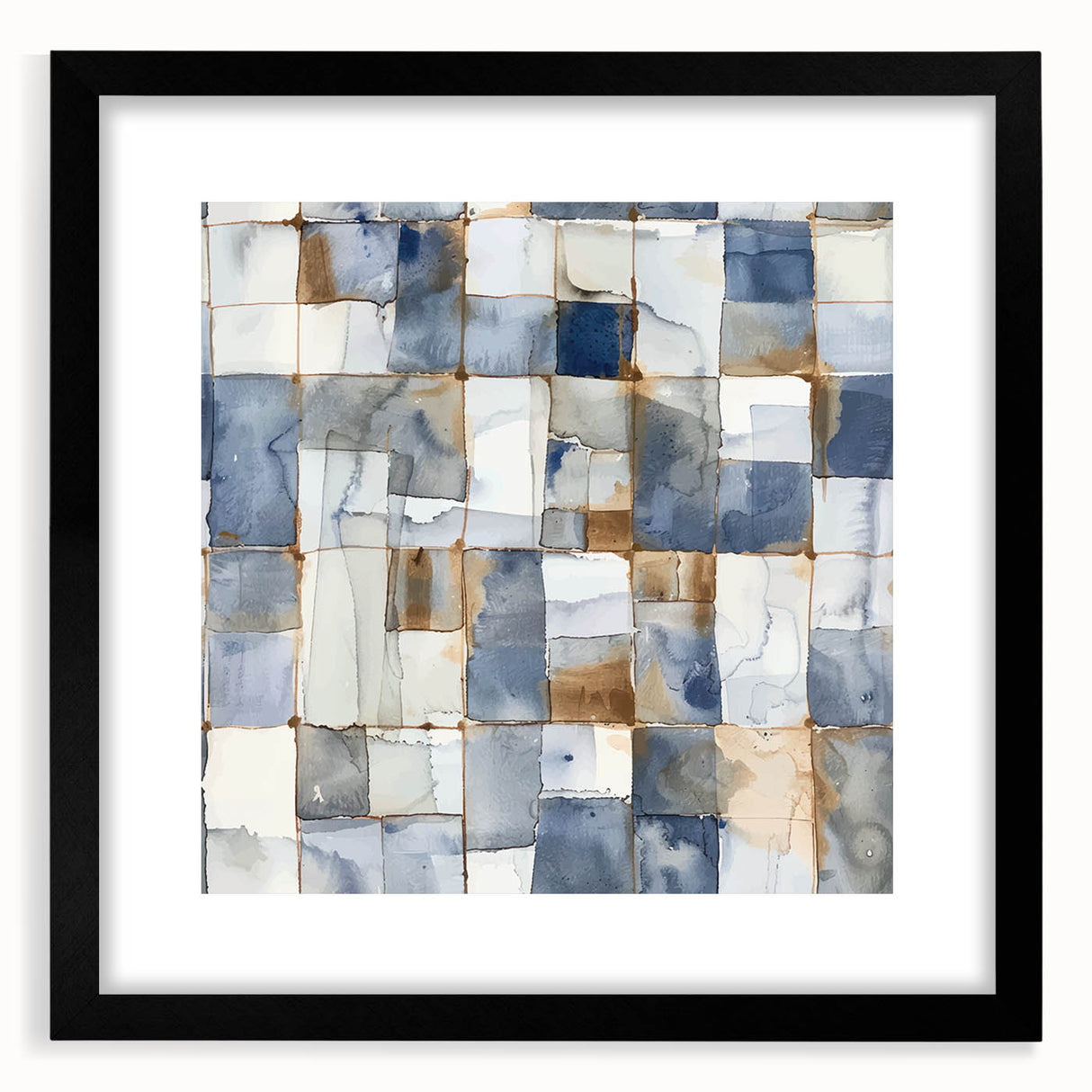 Earthen Harmony Abstracts – Muted Blue and Brown Grid Wall Art