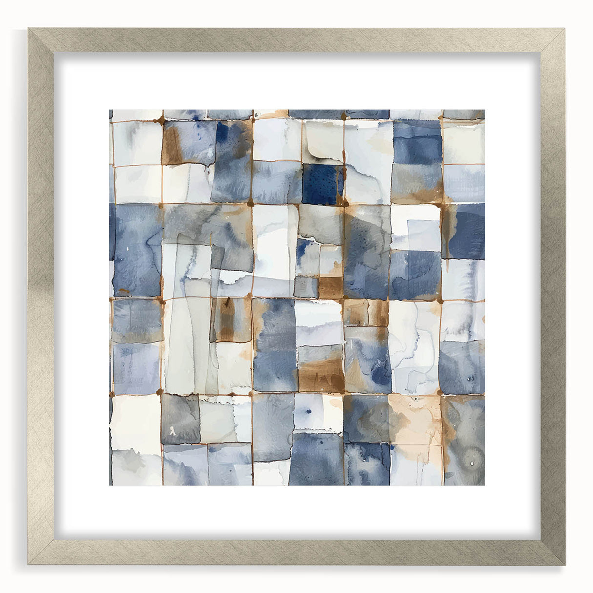 Earthen Harmony Abstracts – Muted Blue and Brown Grid Wall Art