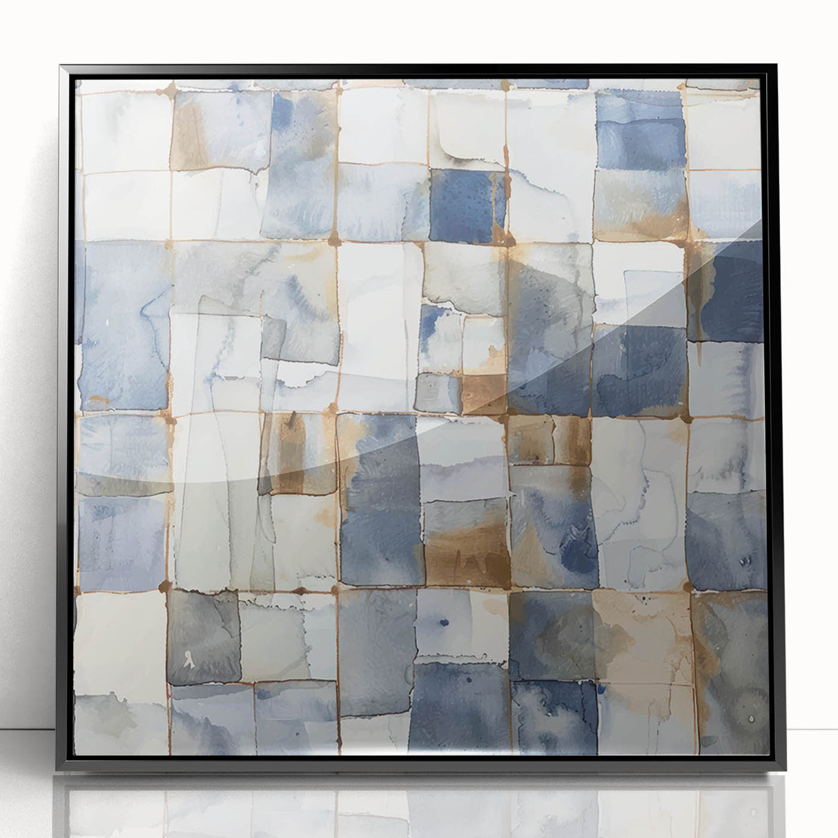 Earthen Harmony Abstracts – Muted Blue and Brown Grid Wall Art