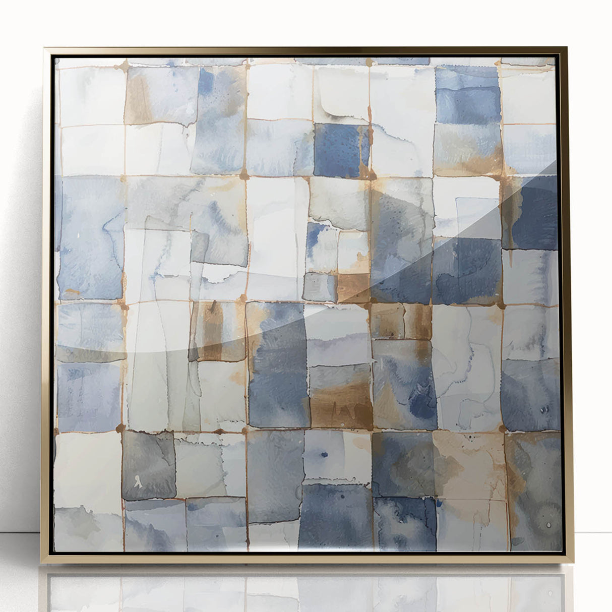 Earthen Harmony Abstracts – Muted Blue and Brown Grid Wall Art