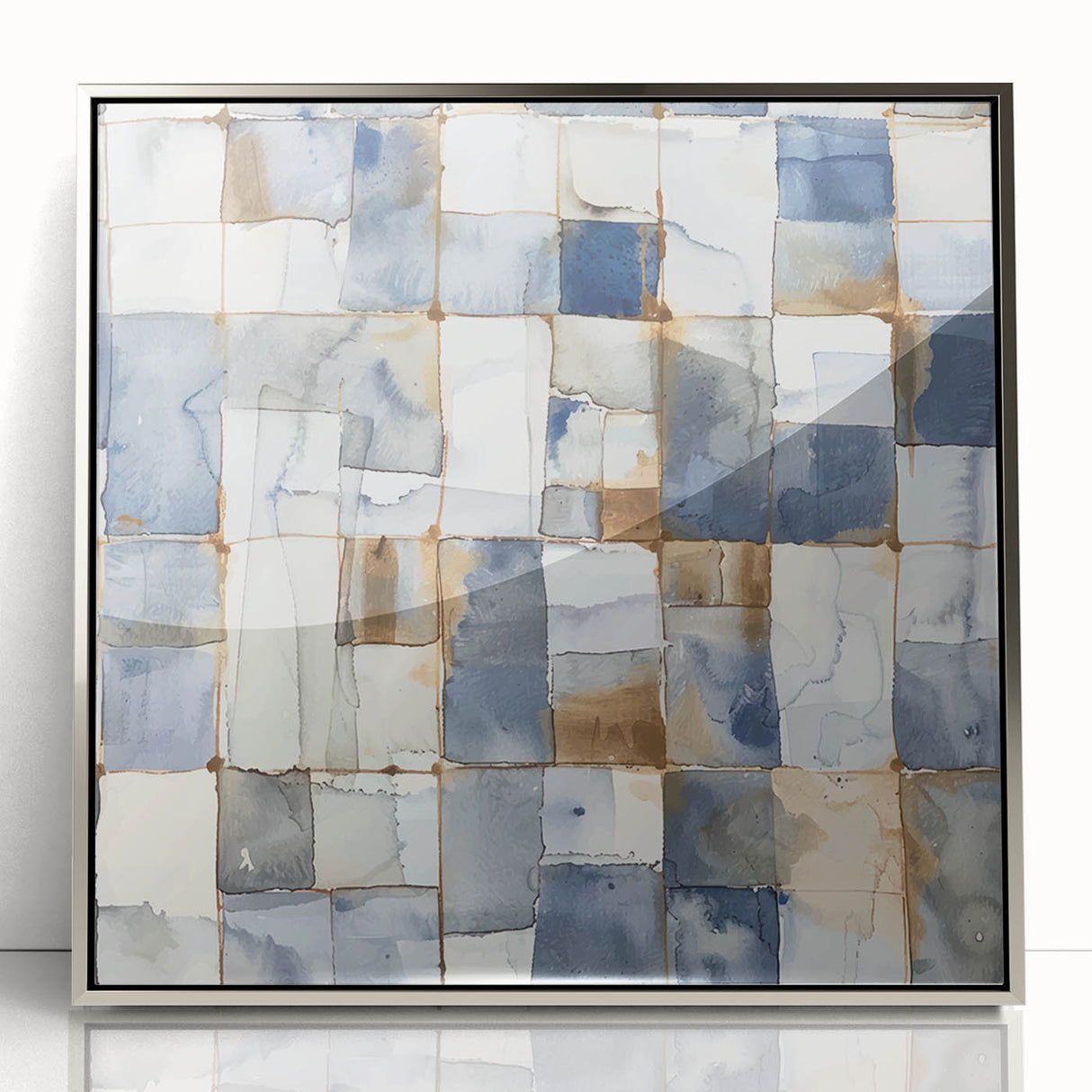Earthen Harmony Abstracts – Muted Blue and Brown Grid Wall Art
