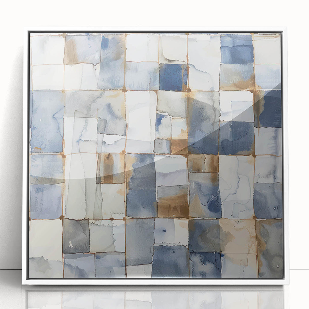 Earthen Harmony Abstracts – Muted Blue and Brown Grid Wall Art