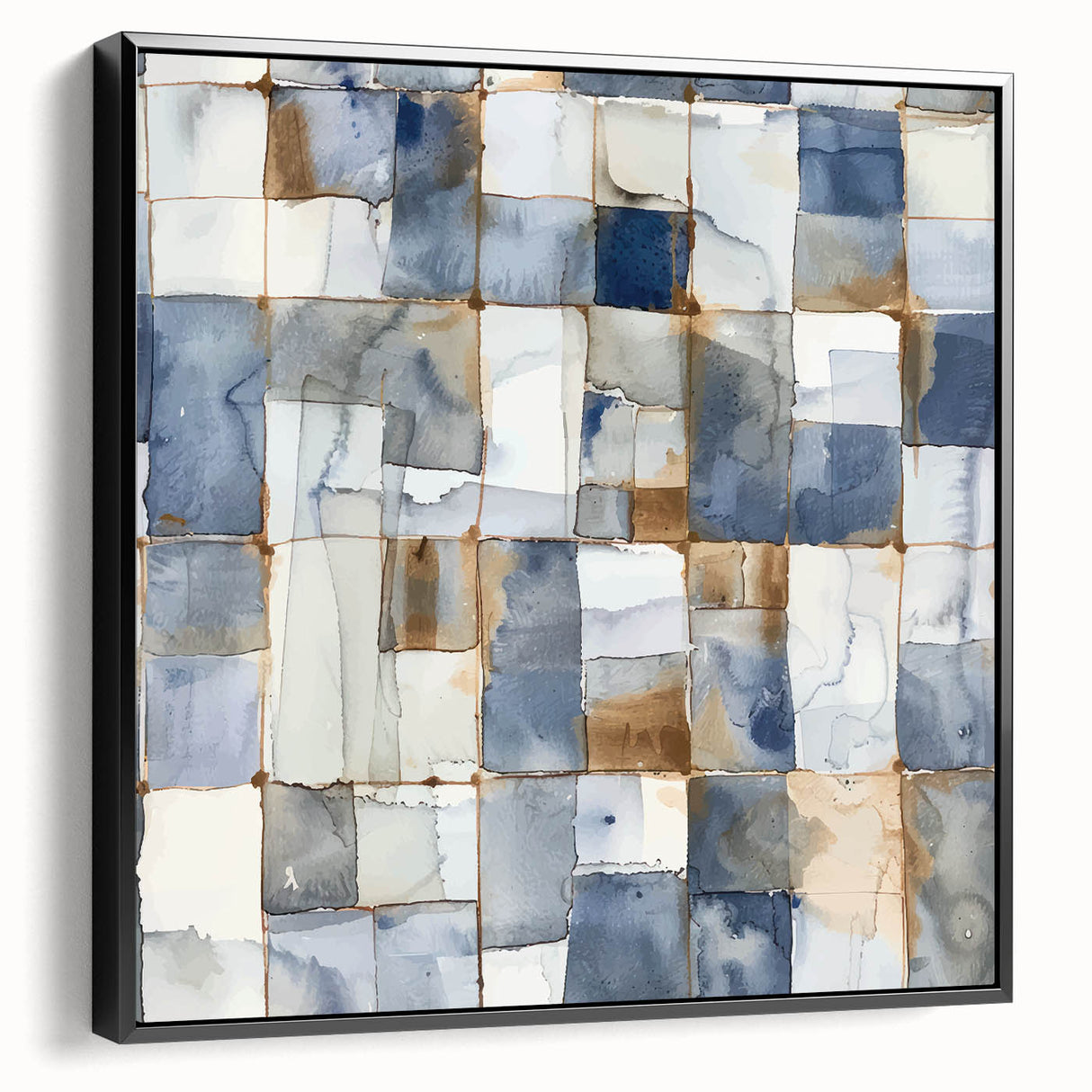 Earthen Harmony Abstracts – Muted Blue and Brown Grid Wall Art