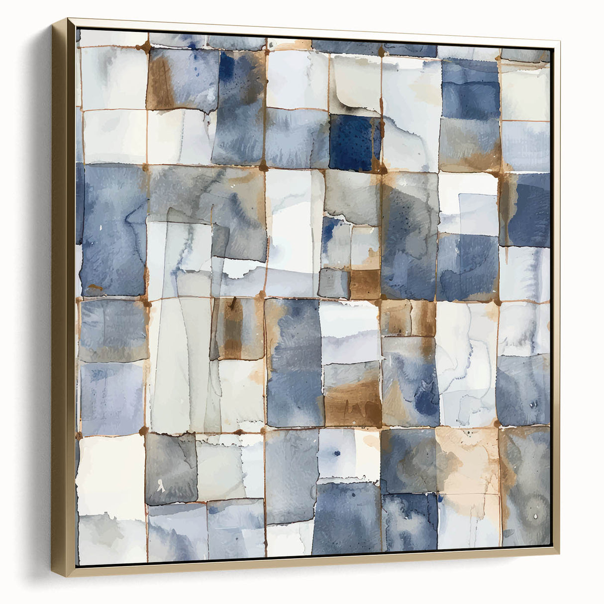 Earthen Harmony Abstracts – Muted Blue and Brown Grid Wall Art