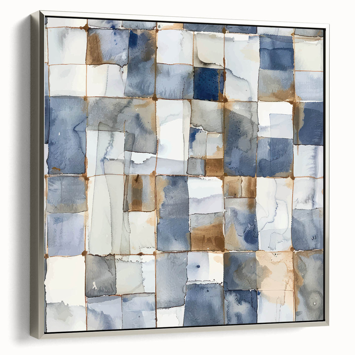Earthen Harmony Abstracts – Muted Blue and Brown Grid Wall Art