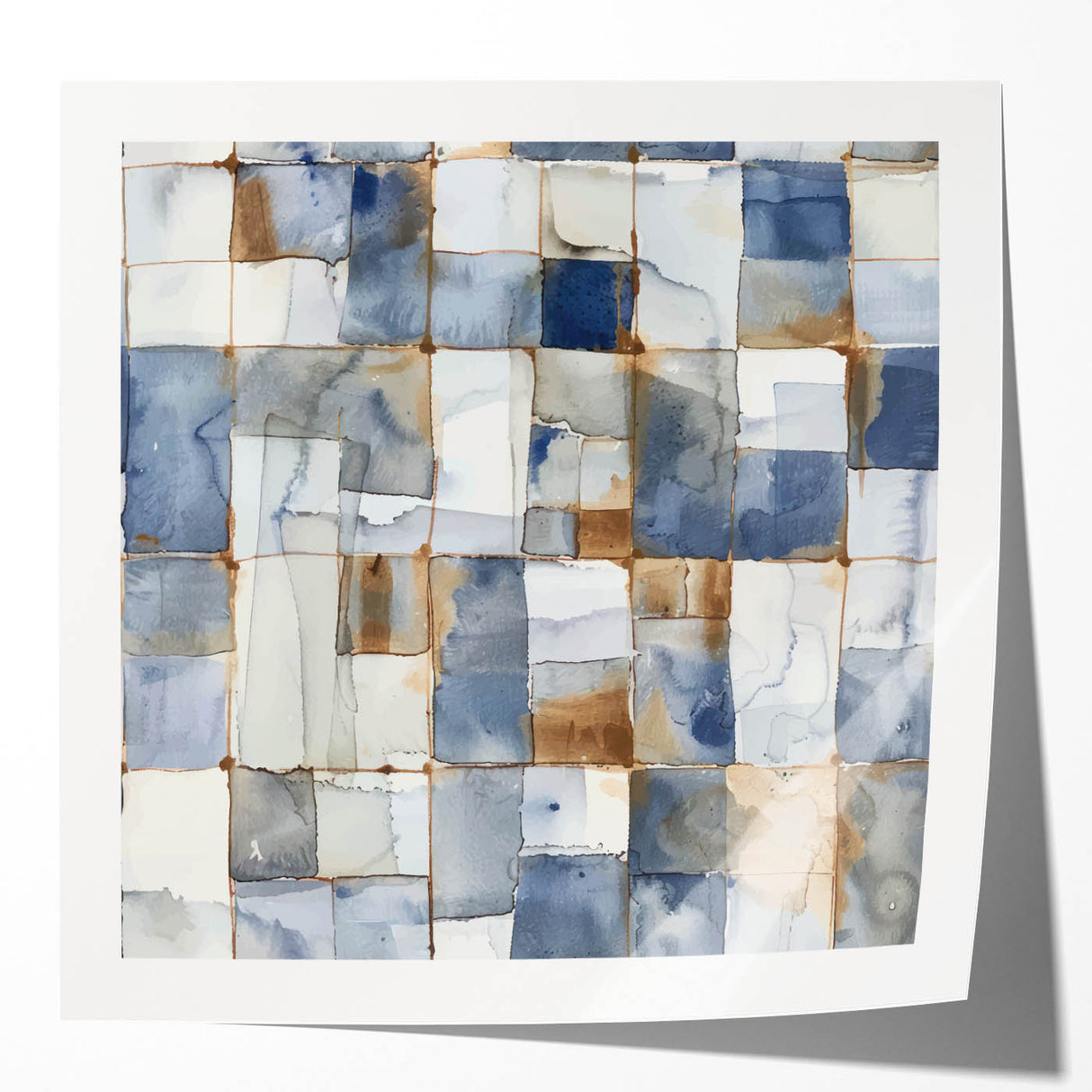 Earthen Harmony Abstracts – Muted Blue and Brown Grid Wall Art