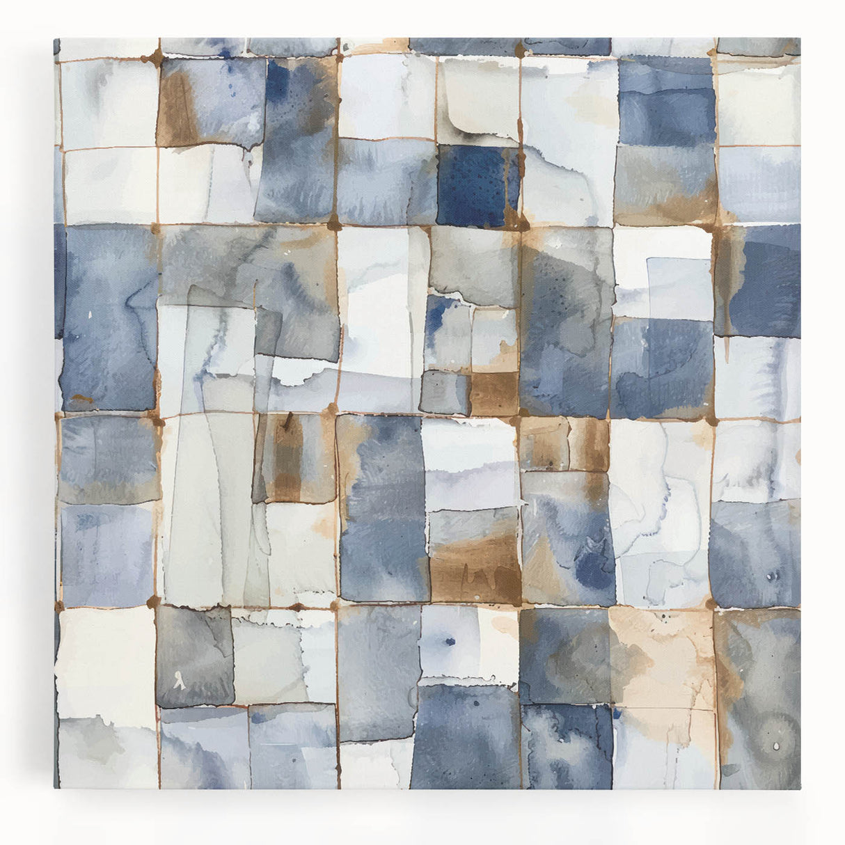 Earthen Harmony Abstracts – Muted Blue and Brown Grid Wall Art