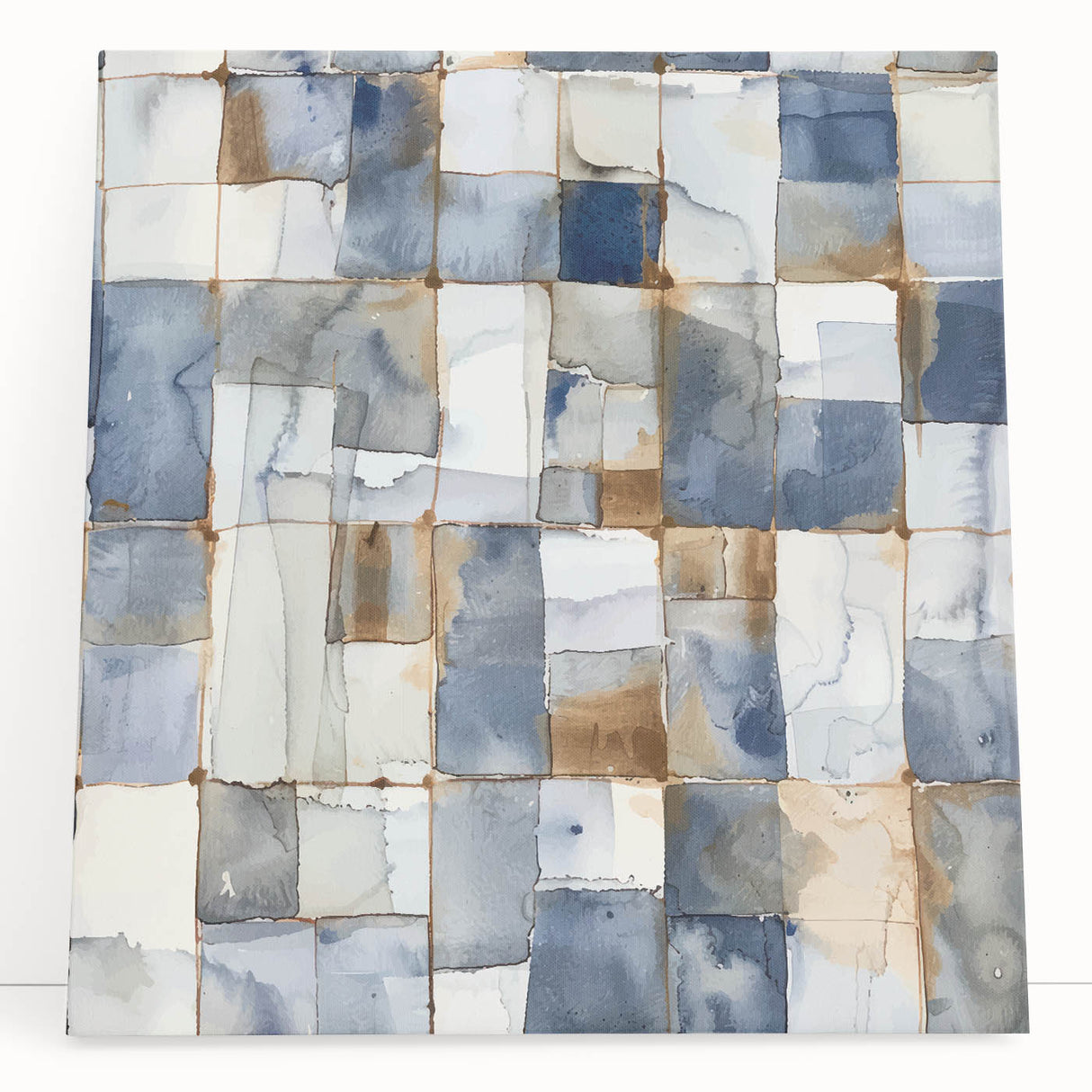 Earthen Harmony Abstracts – Muted Blue and Brown Grid Wall Art