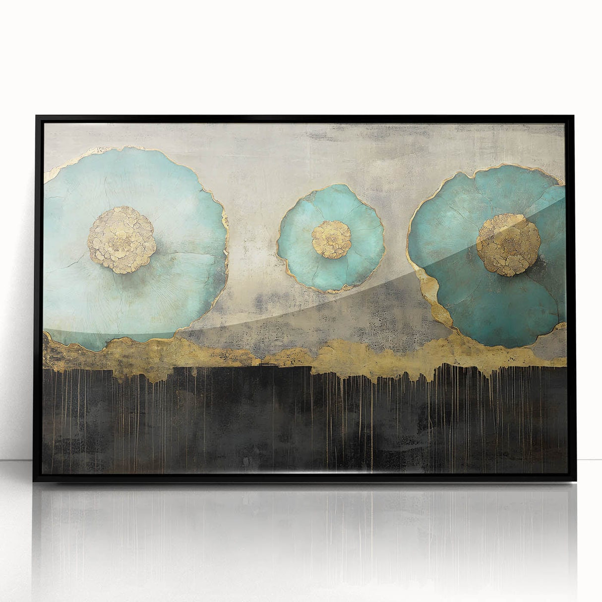 Golden Bloom – Fluid Acrylic Wall Decor with Turquoise Accents