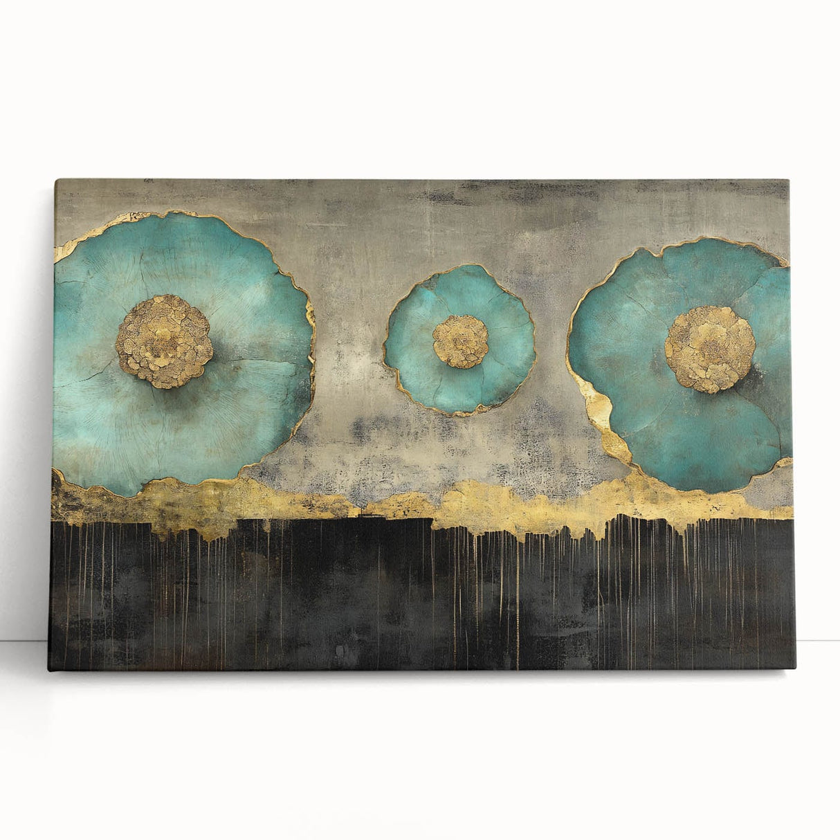 Golden Bloom – Fluid Acrylic Wall Decor with Turquoise Accents