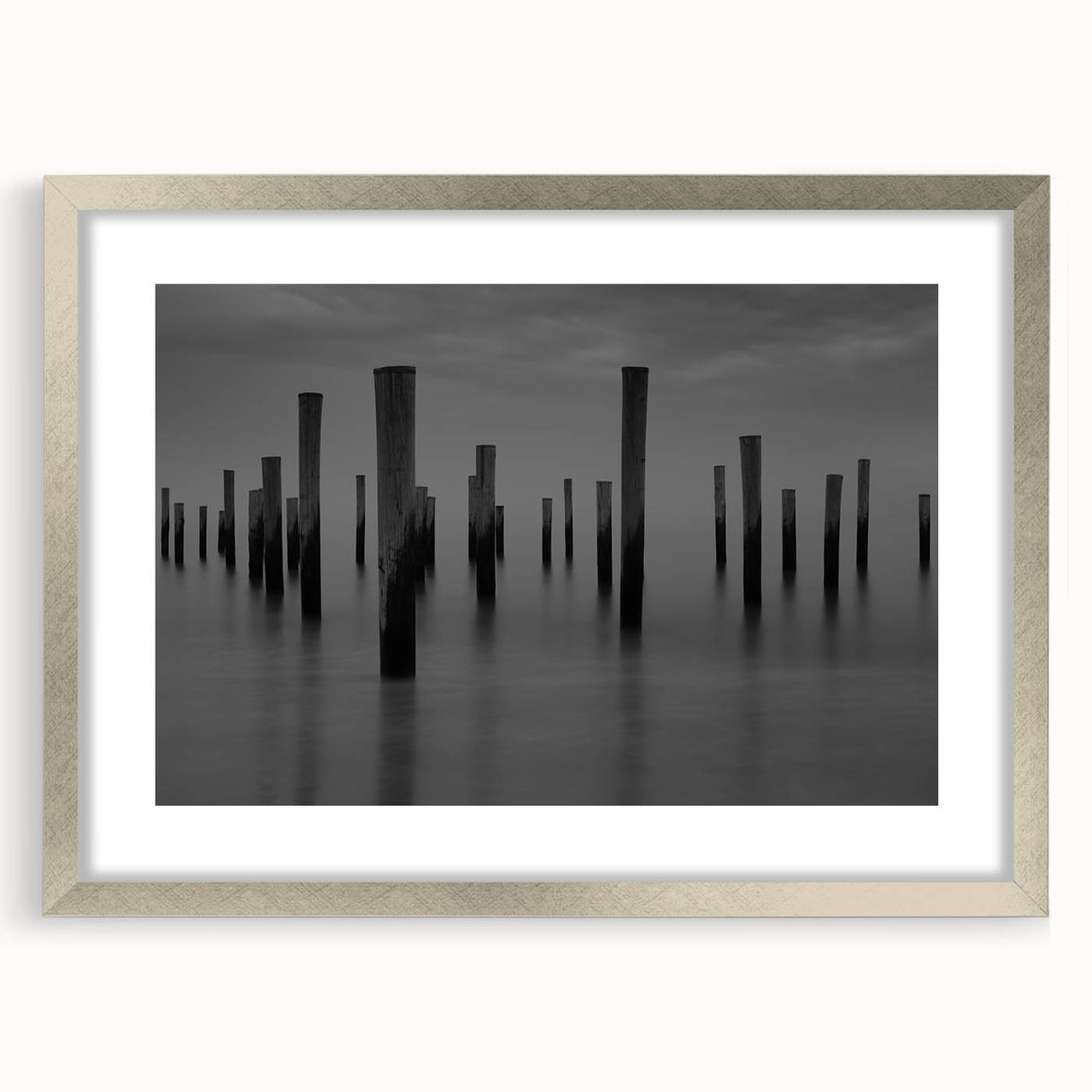Contemporary Minimalist Nature Art – Pier Posts in Silent Water