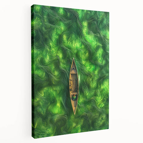 Minimalist Coastal Landscape Art – Tranquil Boat in Green Waters