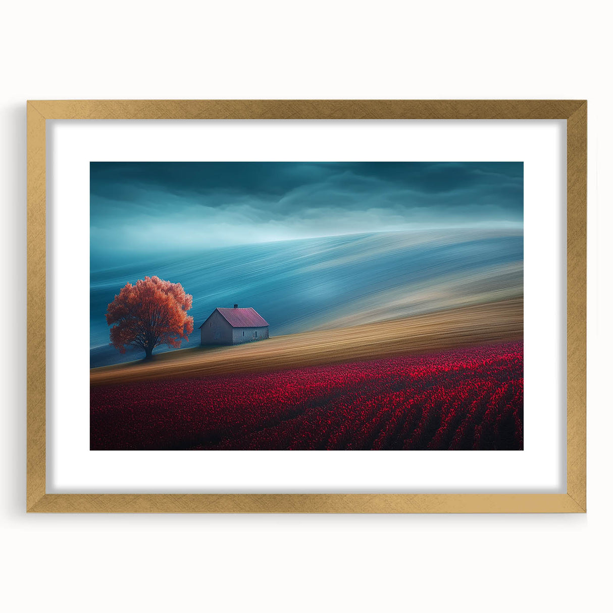 Modern Minimalist Landscape Prints – Cottage on Scarlet Hillside