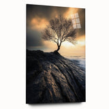 Abstract Minimalist Nature Art – Lone Tree on Rocky Cliff Print