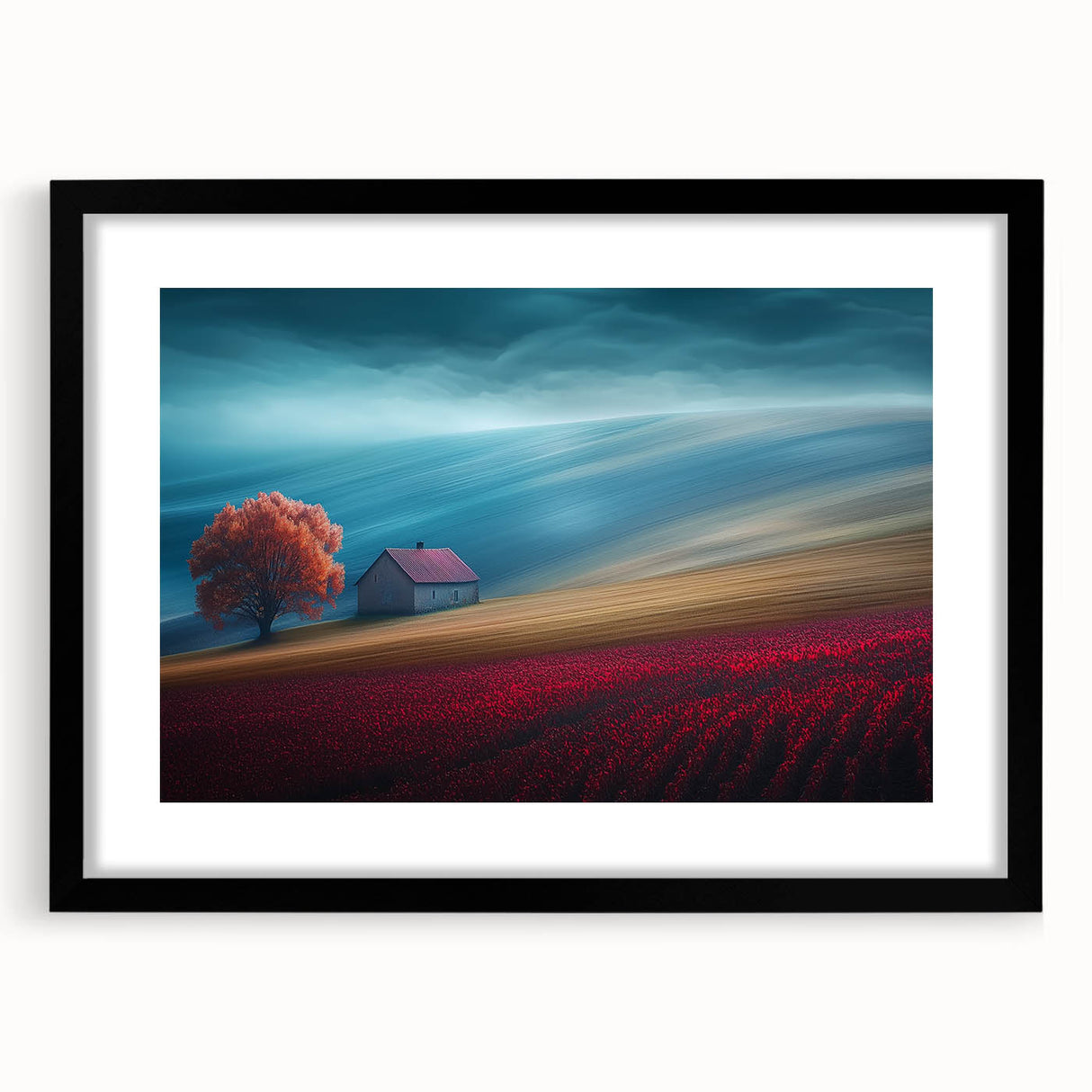 Crimson Tree on Rolling Hills – Landscape Art Prints & Wall Decor