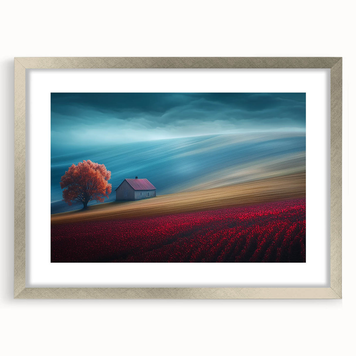 Crimson Tree on Rolling Hills – Landscape Art Prints & Wall Decor