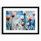 Vibrant floral canvas artwork showcasing a colorful arrangement of flowers in various hues, beautifully wrapped for display or gifting, highlighting intricate details and textures.