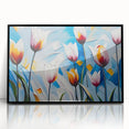 Vibrant floral painting on canvas showcasing a mix of bold colors, intricate petal details, and a lively background, ideal for home decor or art collection.