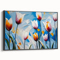Vibrant floral artwork featuring colorful blooms and lush green leaves on a textured canvas, ideal for home decor and enhancing interior aesthetics.